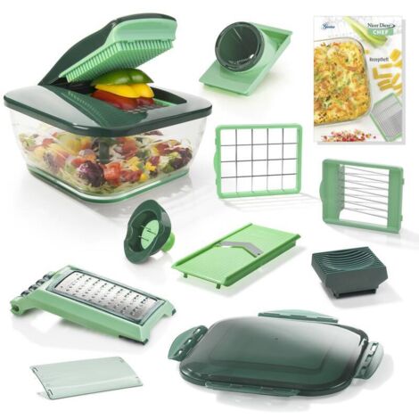 Genius – Nicer Dicer Chef Set 15-teilig – Kunststoff/Edelstahl – 3.300 ml Auffangbehälter – 12/24 mm Messereinsätze – Tomaten-Gemüse-Schneider (1/4)