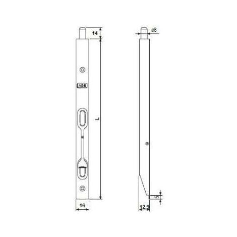 Catenaccio AGB modello A LEVA frontale 16mm lunghezza 400mm per porta