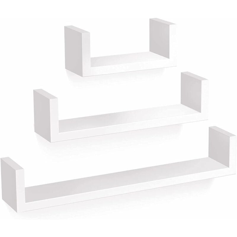 Homfa 3 estanterías para pared Luisa - estantería flotante para libros, estante de madera lacada con fijación no visible, estantería colgante en forma de U - blanco