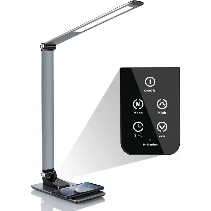 Homfa Lámpara de mesa 12W,Lámpara escritorio LED， 5 temperaturas de color y 6 niveles de brillo, Temporizador 30/60mins,Carga Inalámbrico, Puerto USB,Función de memoria,Control Táctil, Ligero,Negro