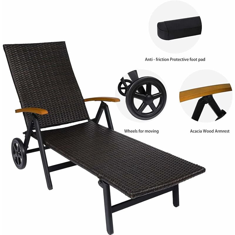 Homfa Tumbona de mimbre con ruedas diván reclinable, respaldo ajustable, chaise longue plegable para exteriores, para jardín, patio, junto a la piscina, terraza - Negro