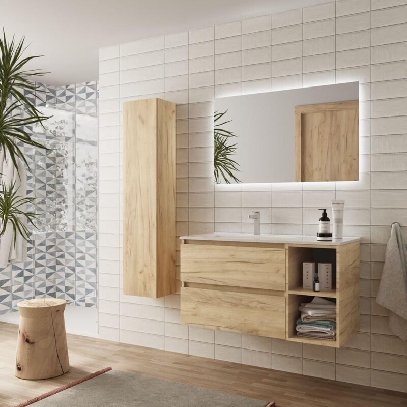 Miroytengo Pack Muebles para baño Támesis Estilo Industrial Roble Gold y  Blanco (Mueble baño + Columna + Lavabo cerámico)