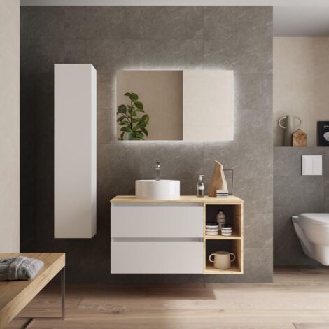 Mueble baño Bequia 100 cm Blanco y coqueta Roble con Lavabo