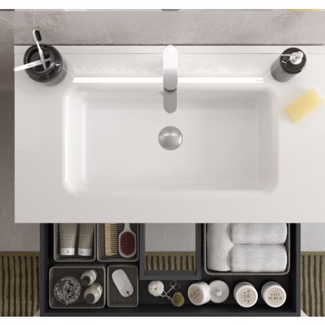 Mueble de baño 90 cm 2 cajones Blanco mate y coqueta izquierda 2 huecos  Roble con Lavabo integrado