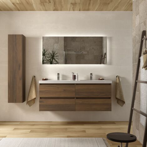 Mueble baño Bequia 140cm y lavabo carga mineral Nogal140x45x59