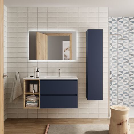Mueble Baño Bequia 90cm y coqueta Izq y lavabo Azul / Roble 90x45x56 (1/5)