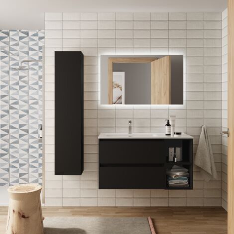 Mueble Baño Bequia 90cm y coqueta Derecha y lavabo Negro 90x45x56