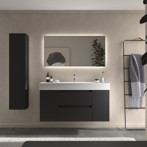 Cygnus Bath – Mueble de baño Bequia 120cm – Coqueta centrada con lavabo negro – Mueble suspendido con 2 cajones – Acabado gris onix (1/5)