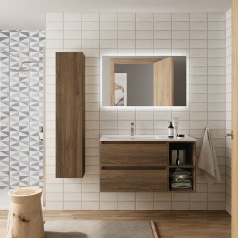 Mueble Baño Bequia 90cm y coqueta Derecha y lavabo Nogal 90x45x56