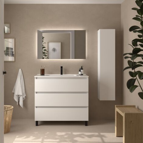 Mueble de Baño BEQUIA 3C 100cm Blanco Mate Lavabo Porcelana