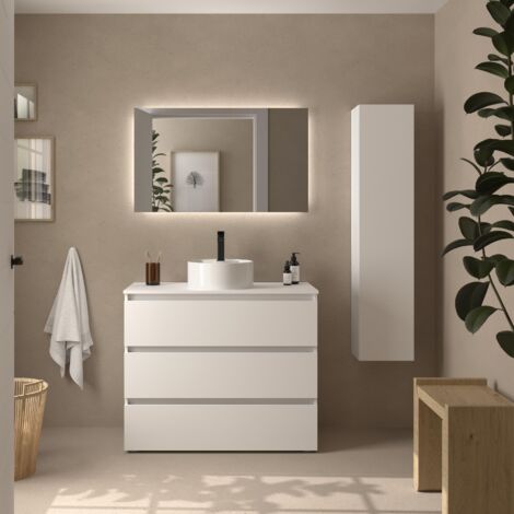Mueble de Baño BEQUIA 3C 100cm Blanco Mate Lavabo sobre encimera Porcelana