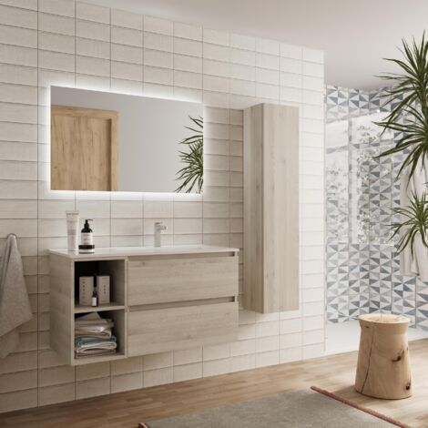 Mueble de Baño BEQUIA PLUS 100cm Natural Lavabo Porcelana grifo derecha 2H (1/4)