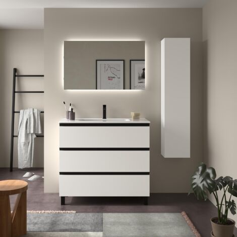 Mueble de Baño BEQUIA METAL 3C 100cm Blanco Mate Lavabo Porcelana (1/5)