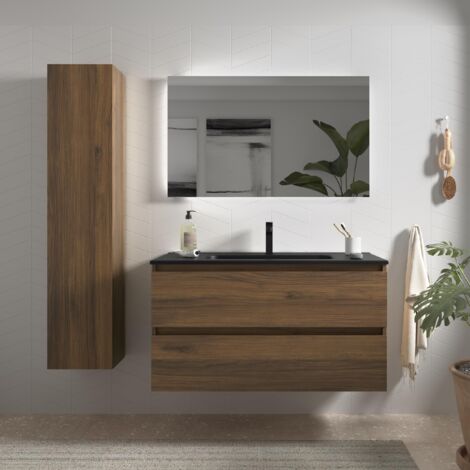 Mueble de Baño BEQUIA 100cm Nogal Lavabo Negro Porcelana