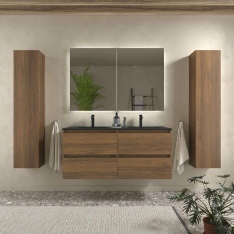 Mueble de Baño BEQUIA 120cm Nogal Lavabo Negro Porcelana (1/5)