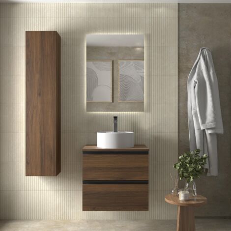 Cygnus Bath – Mueble de baño BEQUIA METAL 70cm nogal – Lavabo sobre encimera de porcelana – Cajones con cierre amortiguado – Fácil instalación (1/5)