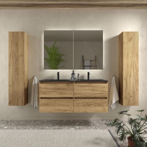 Mueble de Baño BEQUIA 120cm Roble Lavabo Negro Porcelana