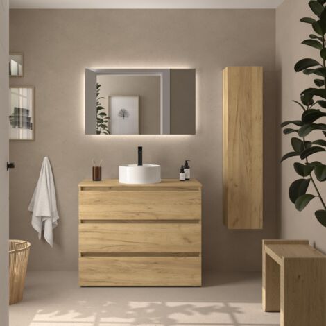 Mueble de Baño BEQUIA 3C 100cm Roble Lavabo sobre encimera Porcelana