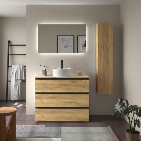 Mueble de Baño BEQUIA METAL 3C 100cm Roble Lavabo sobre encimera Porcelana