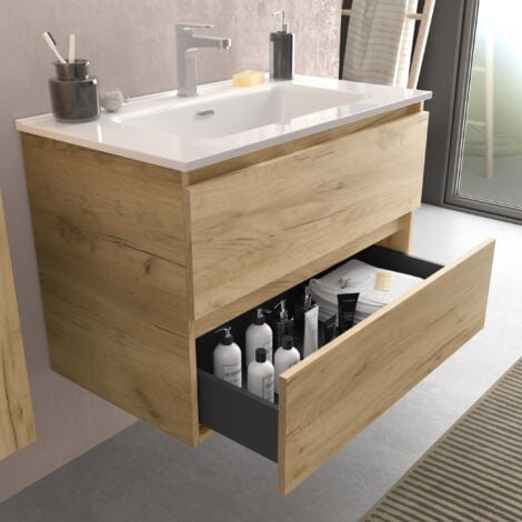 Mueble de baño Bequia 120 cm Roble con Lavabo de porcelana