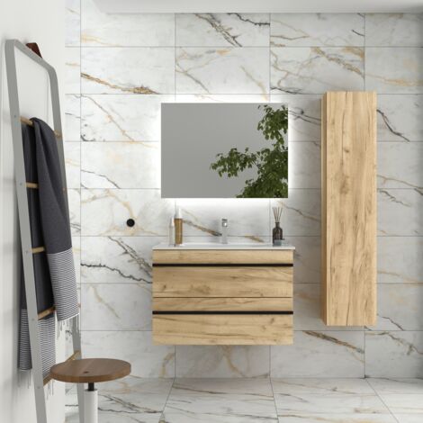 Cygnus Bath – Mueble de baño suspendido 80 cm roble – 2 cajones con cierre amortiguado – Lavabo de porcelana blanca – Fácil instalación y limpieza (1/5)