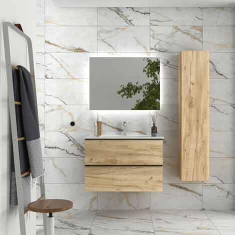 Mueble de baño Nabua 80 cm Roble con tirador de pestaña con lavabo