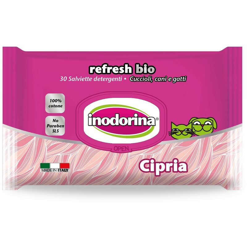 Inodorina Toallitas Refresh 30 pz limpiadoras biodegradables en varios perfumes disponibles para perros gato 30pz