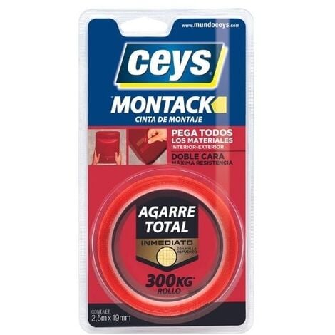 Cinta adhesiva doble cara Ceys Montack Agarre Total 2.5mx19mm