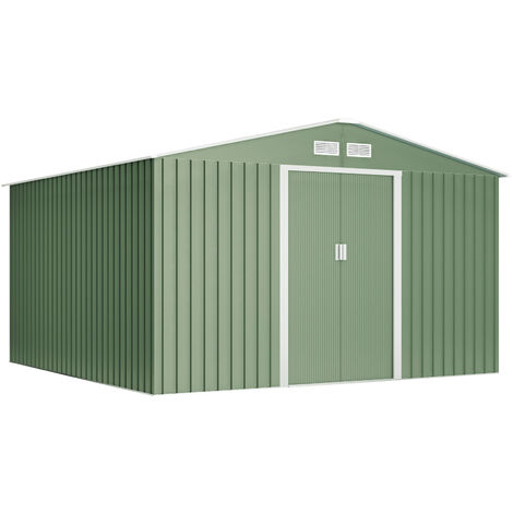 Metallgerätehaus 10,2 m2 Light Green- 4 Antikondensationsgitter - Grün und Beige - Doppelschiebetür - Gartenhaus aus Metall