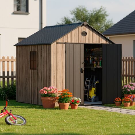 Hoggar – Harz Gartenhaus 5,02m2 Oak O50 - Boden inklusive – Seitenfenster – Premium-Holzoptik – Große Doppeltür – UV-Schutz & wasserdicht – Riegelverschluss – Belüftungsöffnungen