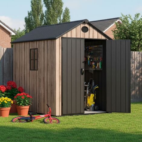 Hoggar – Harz Gartenhaus 3,62m2 Oak O40 - Boden inklusive – Seitenfenster – Premium-Holzoptik – Große Doppeltür – UV-Schutz & wasserdicht – Riegelverschluss – Belüftungsöffnungen