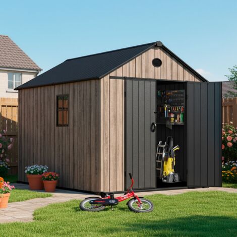 Hoggar – Harz Gartenhaus 6,41m2 Oak O60 - Boden inklusive – Seitenfenster – Premium-Holzoptik – Große Doppeltür – UV-Schutz & wasserdicht – Riegelverschluss – Belüftungsöffnungen