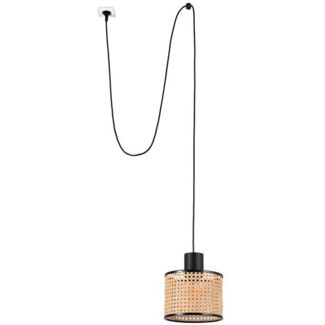 Faro MAMBO Schwarze, zylindrische Rattan-Pendelleuchte Ø210 mit Stecker