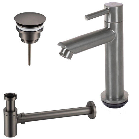 Fortifura Calvi - Ensemble lave-mains avec robinet bas à poser, bonde non obturable et siphon design en finition gunmetal brossé PVD (1/4)