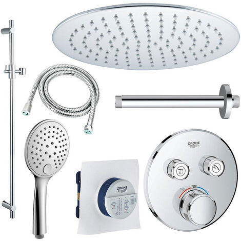 Grohe Grotherm Ensemble de douche avec partie encastrable et partie de finition et pomme de douche 25cm et bras plafond avec douchette, barre curseur