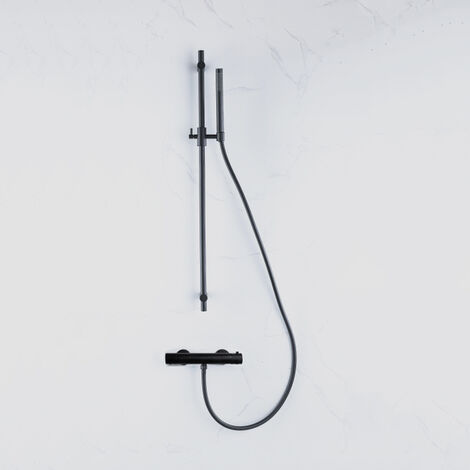 Fortifura Calvi Ensemble de douche barre curseur avec douchette stick, flexible lisse et robinet de douche Noir mat (1/5)