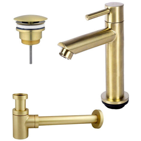 Fortifura Calvi - Ensemble lave-main avec robinet bas à poser, bonde non obturable et siphon design laiton brossé pvd