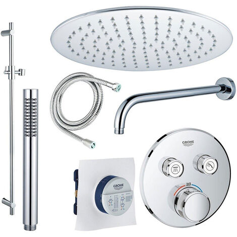 Grohe Grotherm Ensemble de douche avec partie encastrable et partie de finition et pomme de douche 25cm et bras mural avec douchette stick, barre