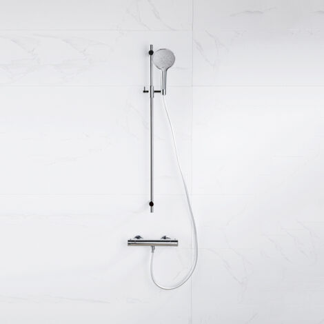 Fortifura Calvi Ensemble de douche barre curseur avec douchette ronde, flexible lisse et robinet de douche Chrome (1/5)