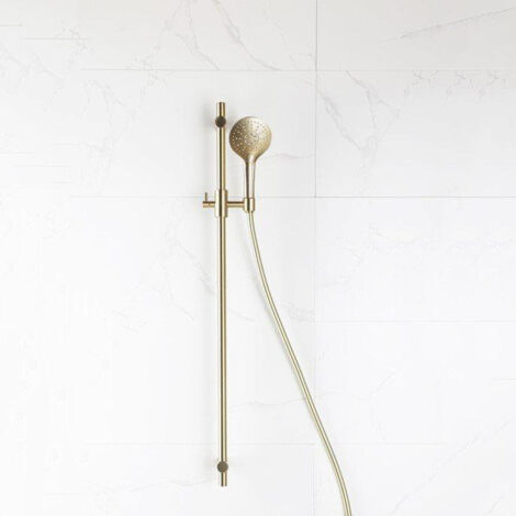 Fortifura Calvi Ensemble de douche avec barre curseur - douchette ronde - flexible lisse - Laiton brossé (doré)