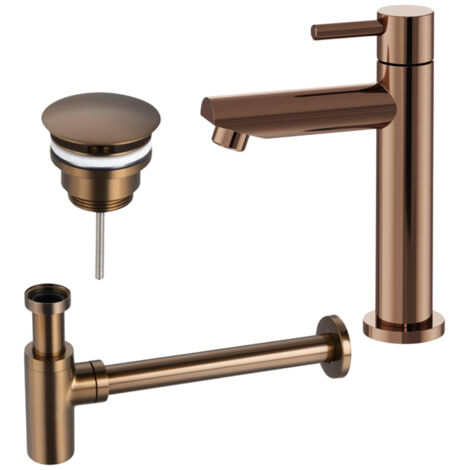 Fortifura Calvi - Ensemble lave-mains avec robinet bas à poser, bonde non obturable et siphon design en cuivre brossé PVD