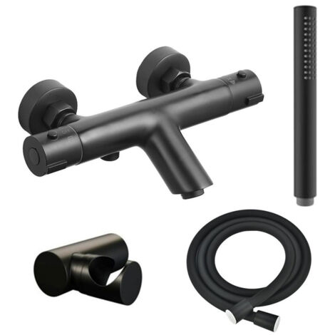 FugaFlow Efficiente Sobrado Robinet de douche/bain thermostatique avec douchette stick et support avec flexible Noir mat (1/4)