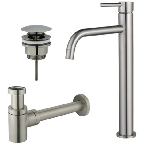 FugaFlow Eccelente Sobrado Slim Slim Kit mitigeur lavabo - robinet rehaussé - bonde clic clac - siphon design bas - PVD Inox brossé (1/4)