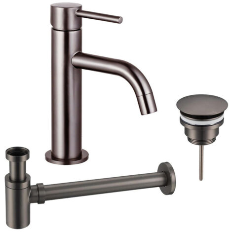 FugaFlow Eccelente Sobrado Slim Slim Kit mitigeur lavabo - robinet bas - bonde non-obturable - siphon design bas - PVD Gunmetal (1/4)