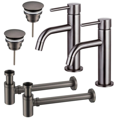 FugaFlow Eccelente Sobrado Slim Kit robinet lavabo - pour double vasque - robinet bas - bonde non-obturable - siphon design bas - Gunmetal PVD (1/4)