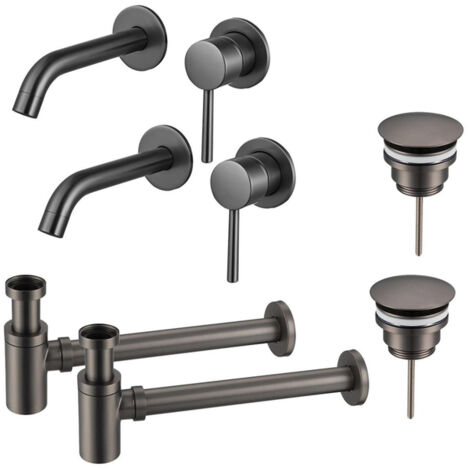 FugaFlow Eccelente Sobrado Slim Kit robinet lavabo - pour double vasque - robinet rehaussé - bonde non-obturable - siphon design bas - Gunmetal PVD (1/4)