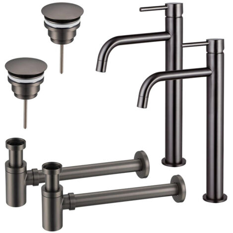 FugaFlow Eccelente Sobrado Slim Kit robinet lavabo - pour double vasque - robinet rehaussé - bonde non-obturable - siphon design bas - Gunmetal PVD (1/4)