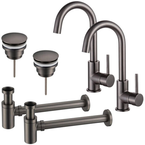 FugaFlow Eccelente Sobrado Kit robinet lavabo - pour double vasque - robinet haut - bec rotatif - bonde clic clac - siphon design bas - PVD (1/4)