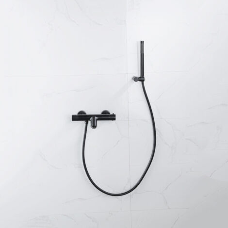 FugaFlow Eccelente Sobrado Robinet de baignoire thermostatique avec douchette stick, support et flexible lisse Noir mat (1/4)