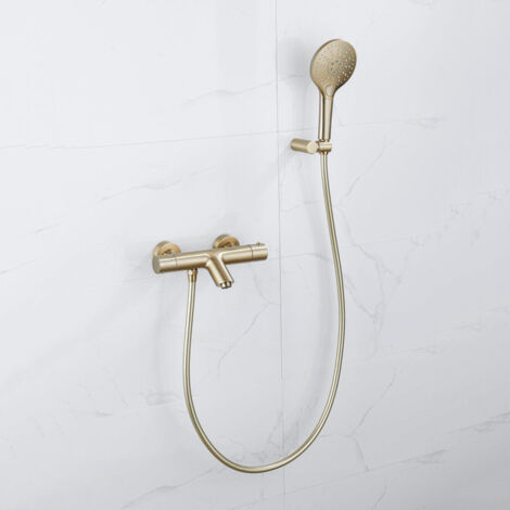 FugaFlow Eccelente Sobrado Robinet de baignoire thermostatique avec douchette ronde, support et flexible lisse Laiton brossé PVD